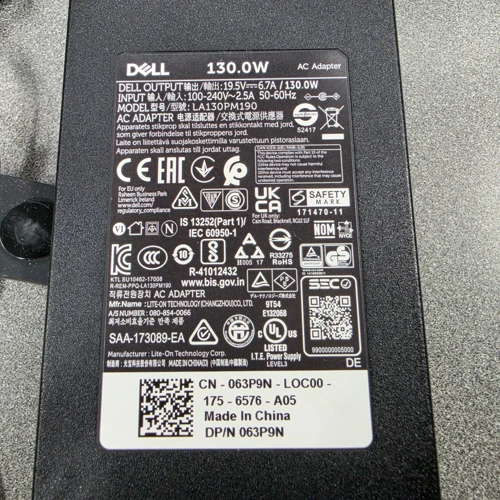 Dell AC Adapter Laptop Charger 130W Black Excellent LA130PM190 063P9N 19.5V 6.7A